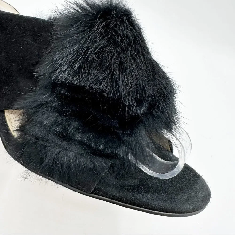 Louise Et Cie Halloway Rabbit Fur Stiletto Heel Mule Sandals Black Size 8.5‎